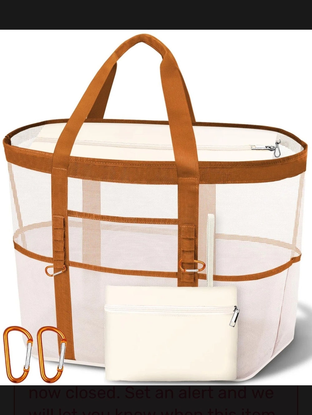Mesh Beach Tote with Zipper Pouch and Carabiners - Tan